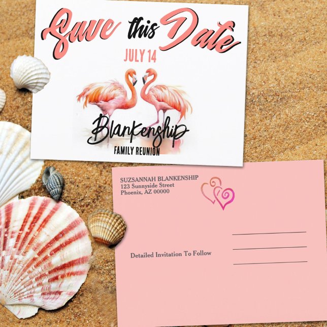 Family Wiedersehen Save the Date Tropical Flamingo Ankündigungspostkarte (Send out your family reunion announcement early with a double flamingo save the date postcard.)