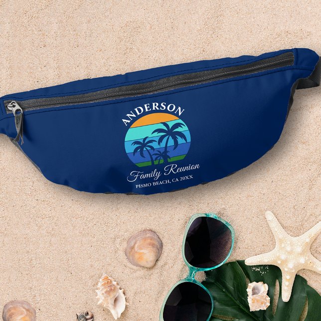 Family Wiedersehen Summer Beach Palm Trees Blue Bauchtasche (Customize to change text size, style or background color.)