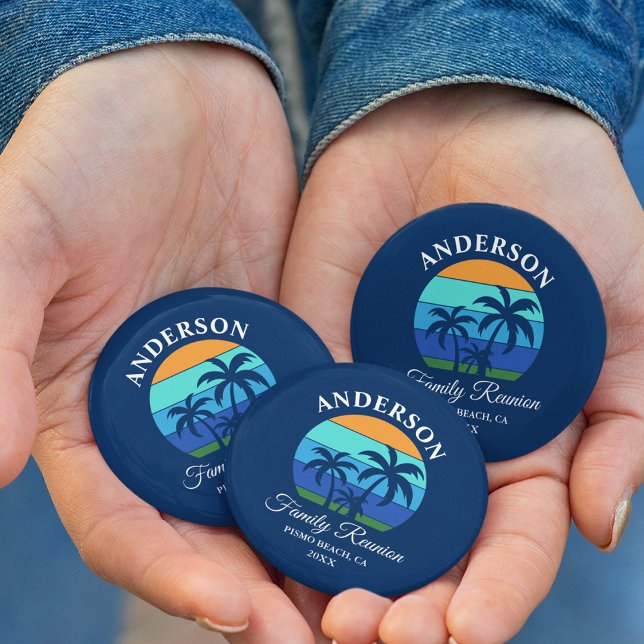 Family Wiedersehen Summer Beach Palm Trees Blue Button (Customize to change background color.)