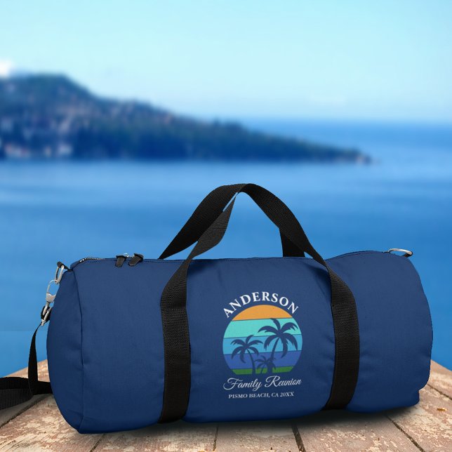 Family Wiedersehen Summer Beach Palm Trees Blue Duffle Bag (Customize to change text size or text style.)
