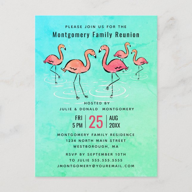 - Family Wiedersehen Tropical Watercolor Flamingo Einladungspostkarte (Vorderseite)