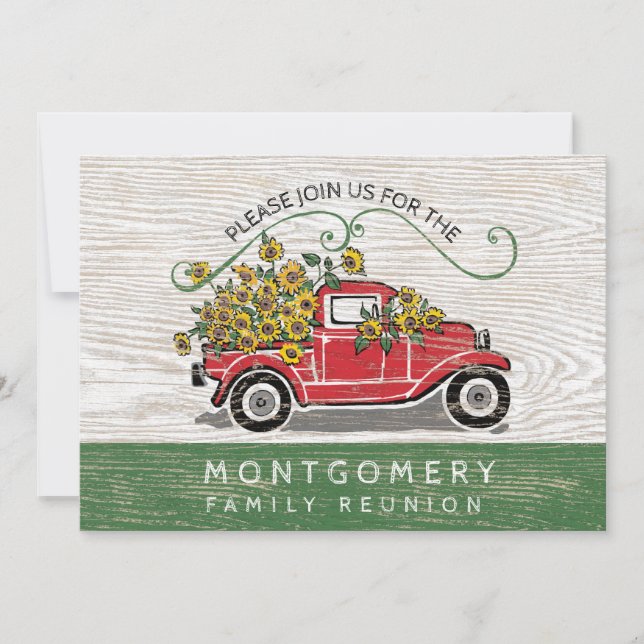 Family Wiedersehen Vintag Red Truck Sonnenblumen R Einladung (Vorderseite)