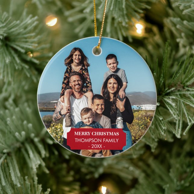 Family Xmas Photo Portrait Christmas Keramik Ornament (Baum)