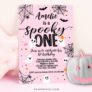Famoso uno, primer cumpleaños, Halloween rosa Einladung