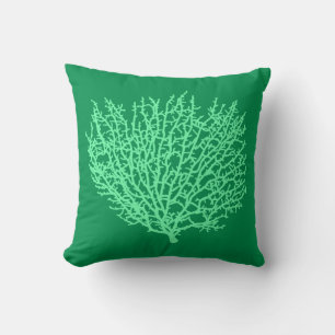 Fan Coral Print, blassgrün auf Deep Jade Green Kissen