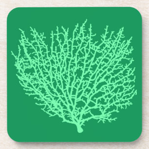 Fan Coral Print, blassgrün auf Deep Jade Green Untersetzer