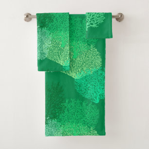 Fan Coral Print, Shades of Jade Green Bath Towe Badhandtuch Set