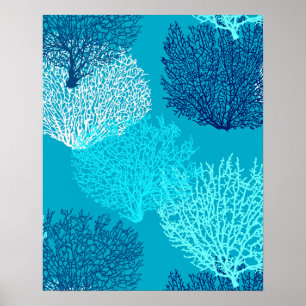 Fan Coral Print, Türkis, Aqua und Cobalt Blue Poster