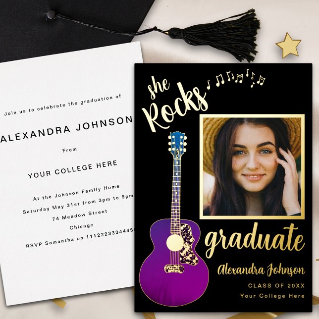 Fan Country Music Graduation Party Black and Gold Folieneinladung (Fun modern black and gold foil script graduate photo graduation party invitation purple guitar music)