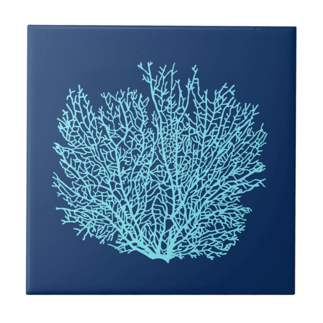 Fan-korallenroter Druck, Aqua auf tiefem Fliese (Vorderseite)