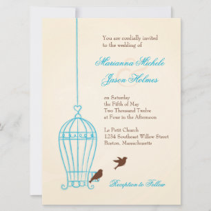 Fanciful Bird Cage Aquamarin & Chocolate Wedding Einladung