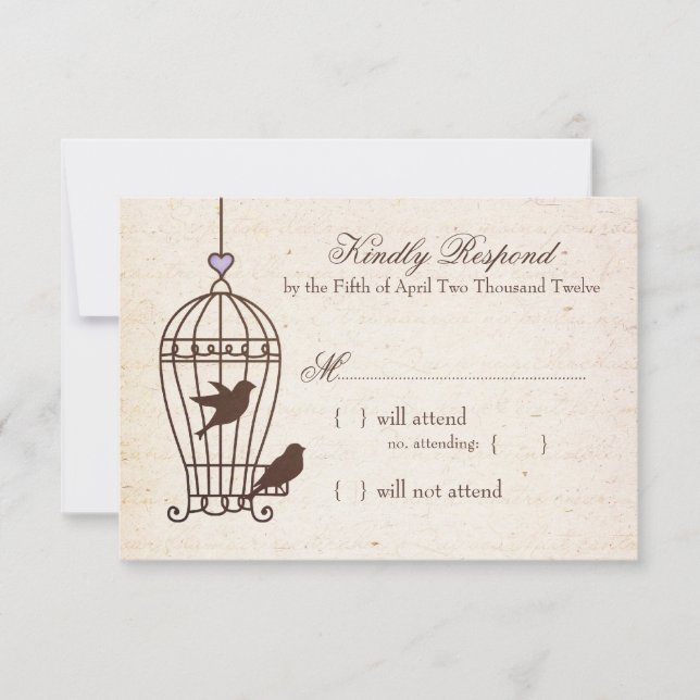 Fanciful Bird Cage Lavender & Brown Wedding RSVP Karte (Vorderseite)