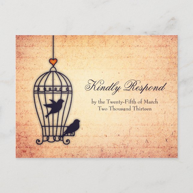 Fanciful Bird Cage with Gold Heart Wedding RSVP Einladungspostkarte (Vorderseite)