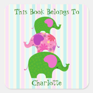 Fanciful Green and Pink Elephants (Les Elephants) Quadratischer Aufkleber