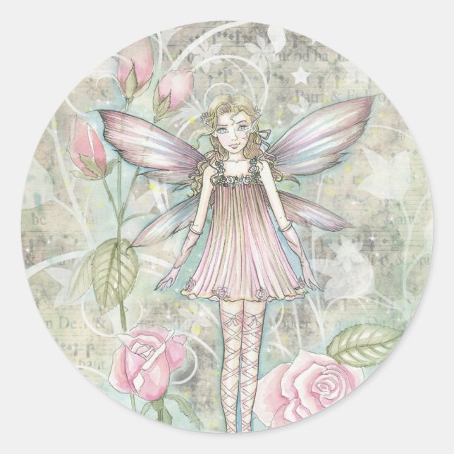 Fanciful Rose Fairy Runder Aufkleber (Vorderseite)