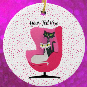 Fancy Atomic Cats in Pink Chair Polka Dots White Keramik Ornament