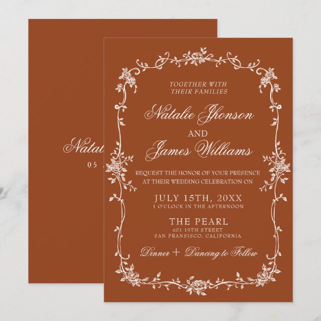 Fancy Burnt Orange Floral Boho Terracotta Wedding Einladung (Vorne/Hinten)