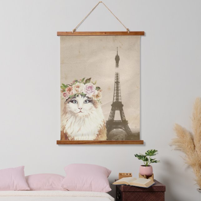 Fancy Cat & Eiffel Tower  Wandteppich Mit Holzrahmen (Schlafzimmer)