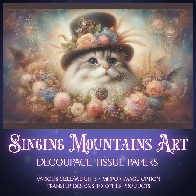 Fancy Cat in Victorian Hat Floral Decoupage  Seidenpapier (Von Creator hochgeladen)