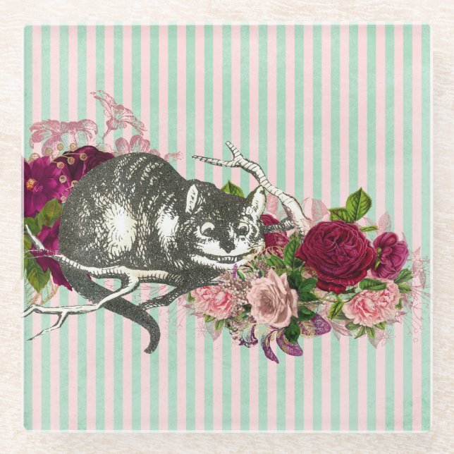 Fancy Cheshire Cat Collage Glasuntersetzer (Vorderseite)
