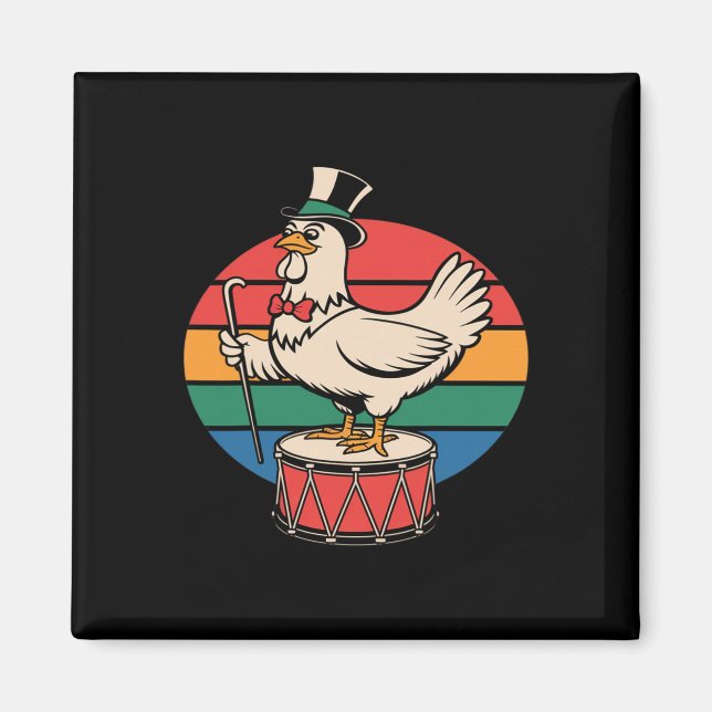 Fancy Chicken auf Trommel Retro Regenbogen Marsch  Magnet (Vorne)