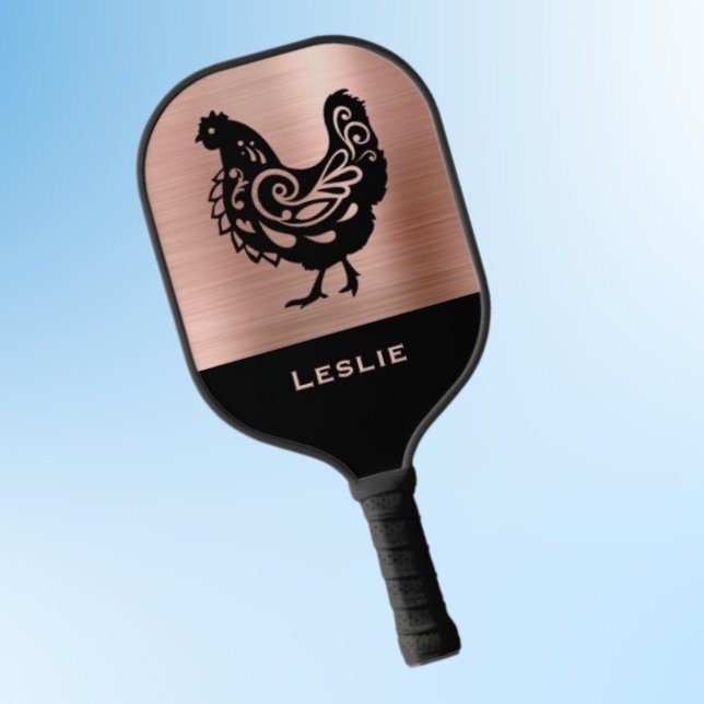 Fancy Chicken Silhouette in Faux Copper n Black Pickleball Schläger (Von Creator hochgeladen)
