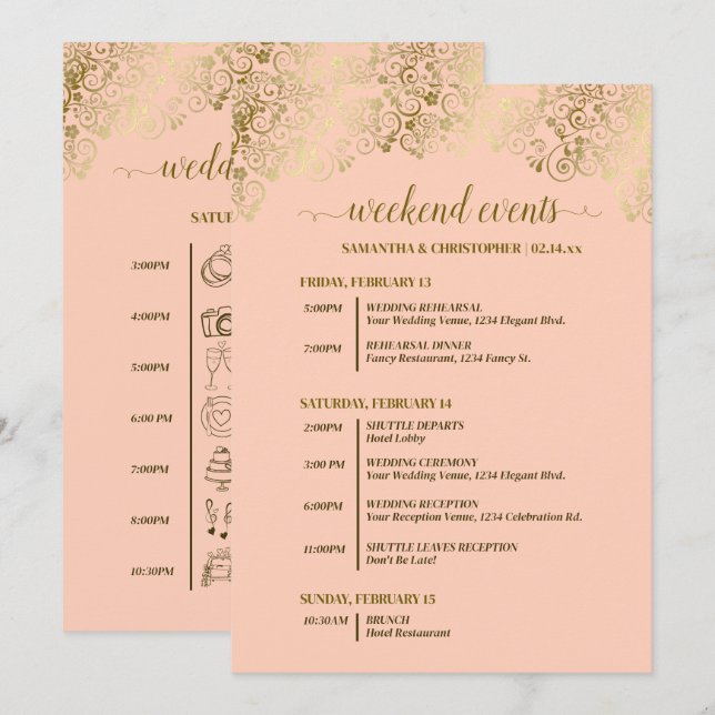 Fancy Coral Pfirsich- und Gold-Hochzeitsveranstalt Programm (Vorne/Hinten)