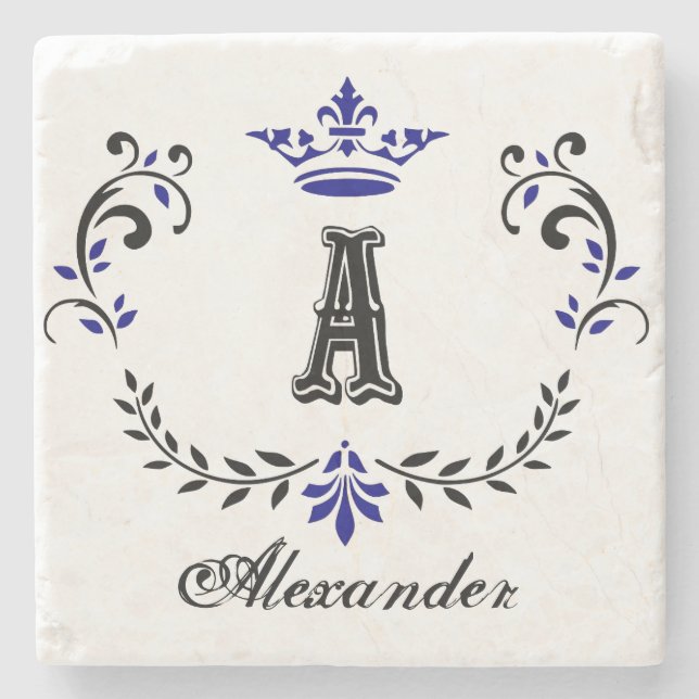 Fancy Crown Wreath Monogramm A Steinuntersetzer (Vorderseite)