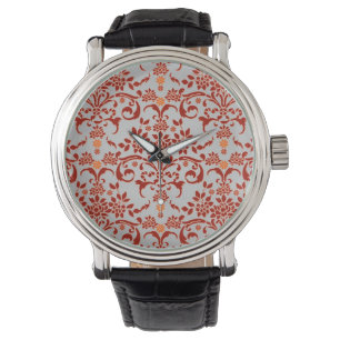 Fancy Damast Design Orange und Silber Armbanduhr