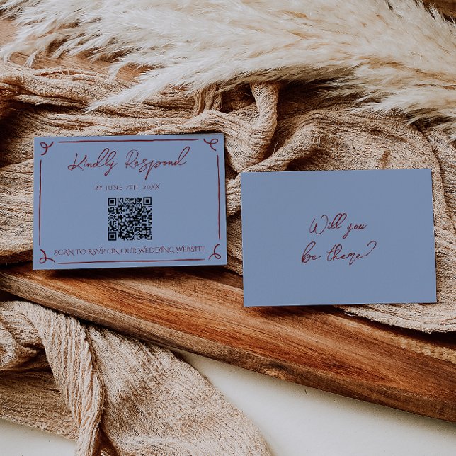 Fancy Deep Red Blue Rahmen Whimsy Hochzeits-QR-Cod RSVP Karte (Von Creator hochgeladen)