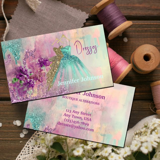 Fancy Dresses Tailor Abstract Glitter Visitenkarte (Fancy Dresses Tailor Abstract Glitter Business Card #zazzlemade #fashiondesigner #dressmaker #tailor)