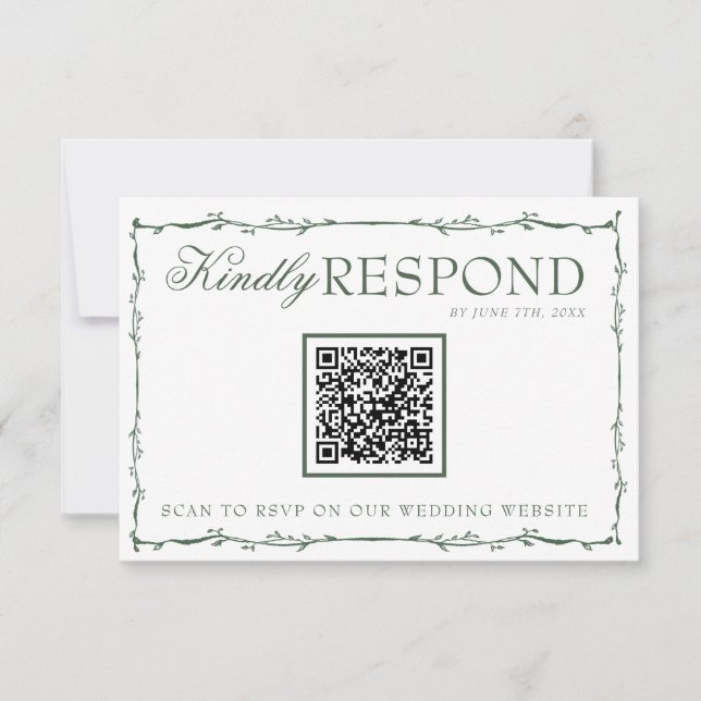 Fancy Emerald Green Branches Boho QR Code Wedding RSVP Karte (Vorderseite)