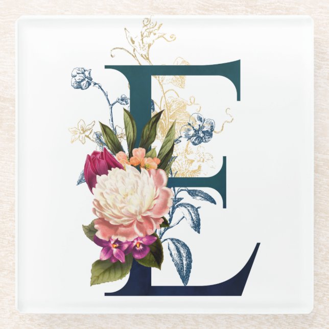 Fancy Floral Monogramm Buchstabe E Glasuntersetzer (Vorderseite)