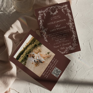 Fancy Florale Schokoladenbraune Foto-QR-Code-Hochz Einladung