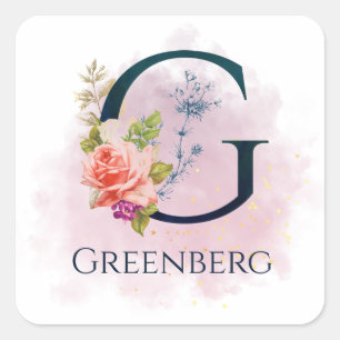 Fancy florales Monogramm Buchstabe G Wasserfarbspr Quadratischer Aufkleber
