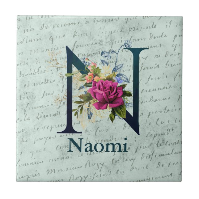 Fancy florales Monogramm Initial N  Fliese (Vorderseite)