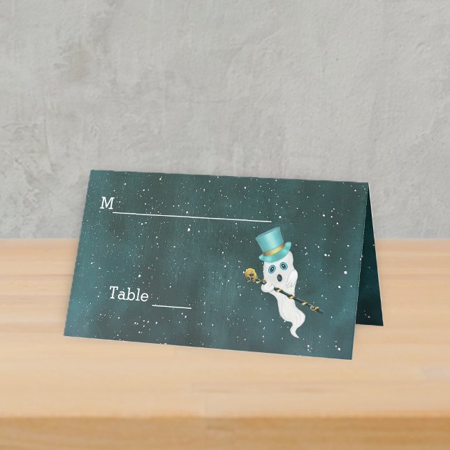 Fancy Ghost Blaues Oberhaupt Skelett Stock Nacht H Platzkarte (Floating fancy ghost top hat gold skull cane in night sky with stars on standing table place card.)