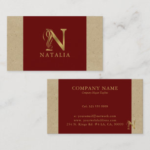 Fancy Gold Buchstabe N Monogramm auf Rot und Pappe Visitenkarte