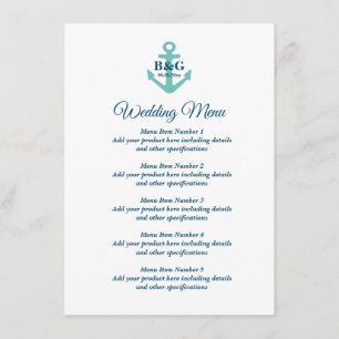 Fancy Hochzeitsmenü mit nautischem Bootsanker-Logo Menükarte