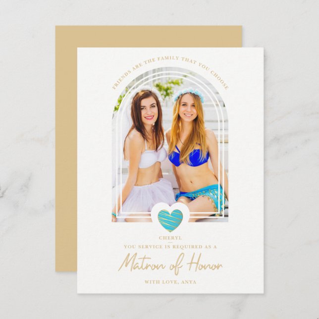 Fancy Matron of Honor Blue Heart Photo Proposal Postkarte (Vorne/Hinten)