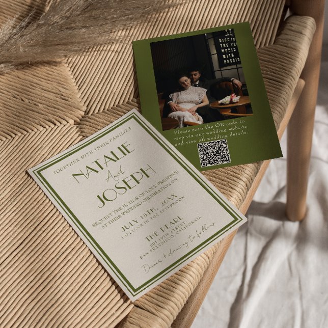 Fancy Old Money Olivgrün QR-Code Foto Hochzeit Einladung (Von Creator hochgeladen)