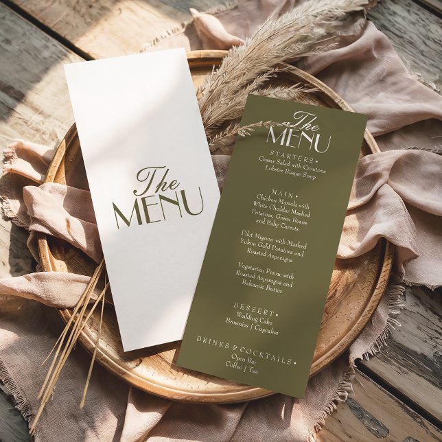 Fancy Oliven Grün Boho Old Money Boho Hochzeit Menükarte (Von Creator hochgeladen)