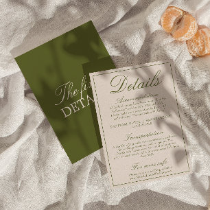 Fancy Oliven Grün Old Money Retro Hochzeitsdetails Begleitkarte