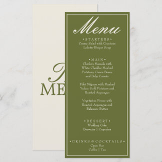 Fancy Olivgrün Old Money Retro Hochzeit Menükarte