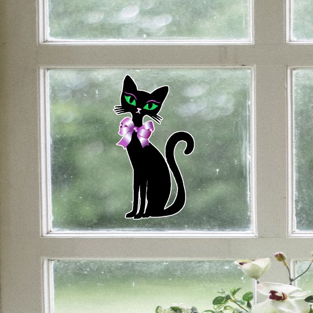 Fancy Pretty Black Cat Green Eyes Pink Bows Fensteraufkleber (Fancy black cat green eyes wearing pretty pink bow on window cling decoration.)