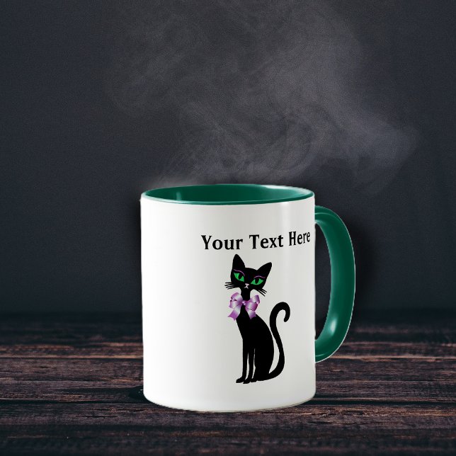 Fancy Pretty Black Cat Pink Bow Green Eyes Tasse (Fancy pretty black cat green eyes wearing big pink bow on coffee mug for cat lovers.)