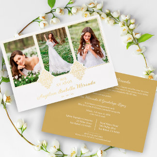 Fancy Romantic XV Spanish 3 Photos Golden Lace Folieneinladung
