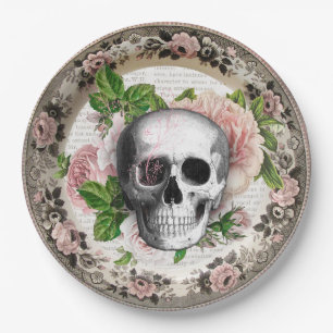 Fancy-Schädel mit Rosen Vintage-Halloween Pappteller