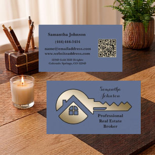 Fancy Schieferblau mit goldenem Schlüssel-QR-Code Visitenkarte