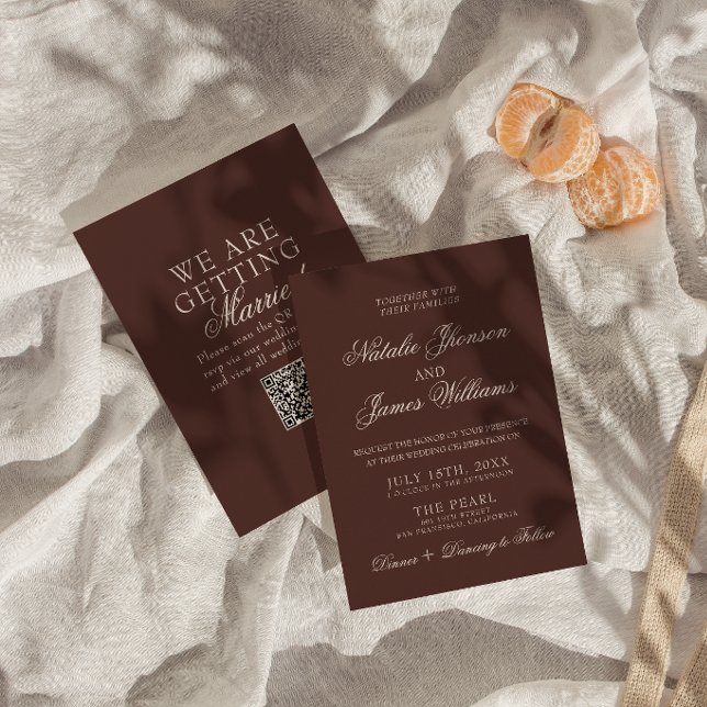 Fancy Schokoladenbraun Old Money QR Code Hochzeit Einladung (Von Creator hochgeladen)